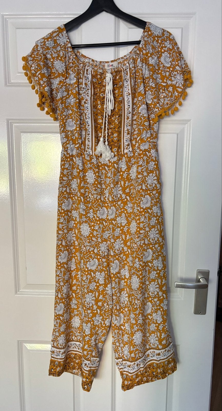Jumpsuit Boho geel met Bloemenprint maat M 3/4 lengte, Verzenden, Zo goed als nieuw, Maat 38/40 (M), Geel