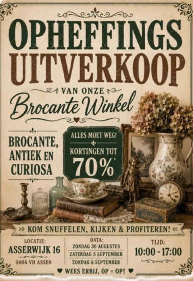 Opheffingsuitverkoop Brocante Winkel - Kortingen tot 70%, Antiek en Kunst, Ophalen