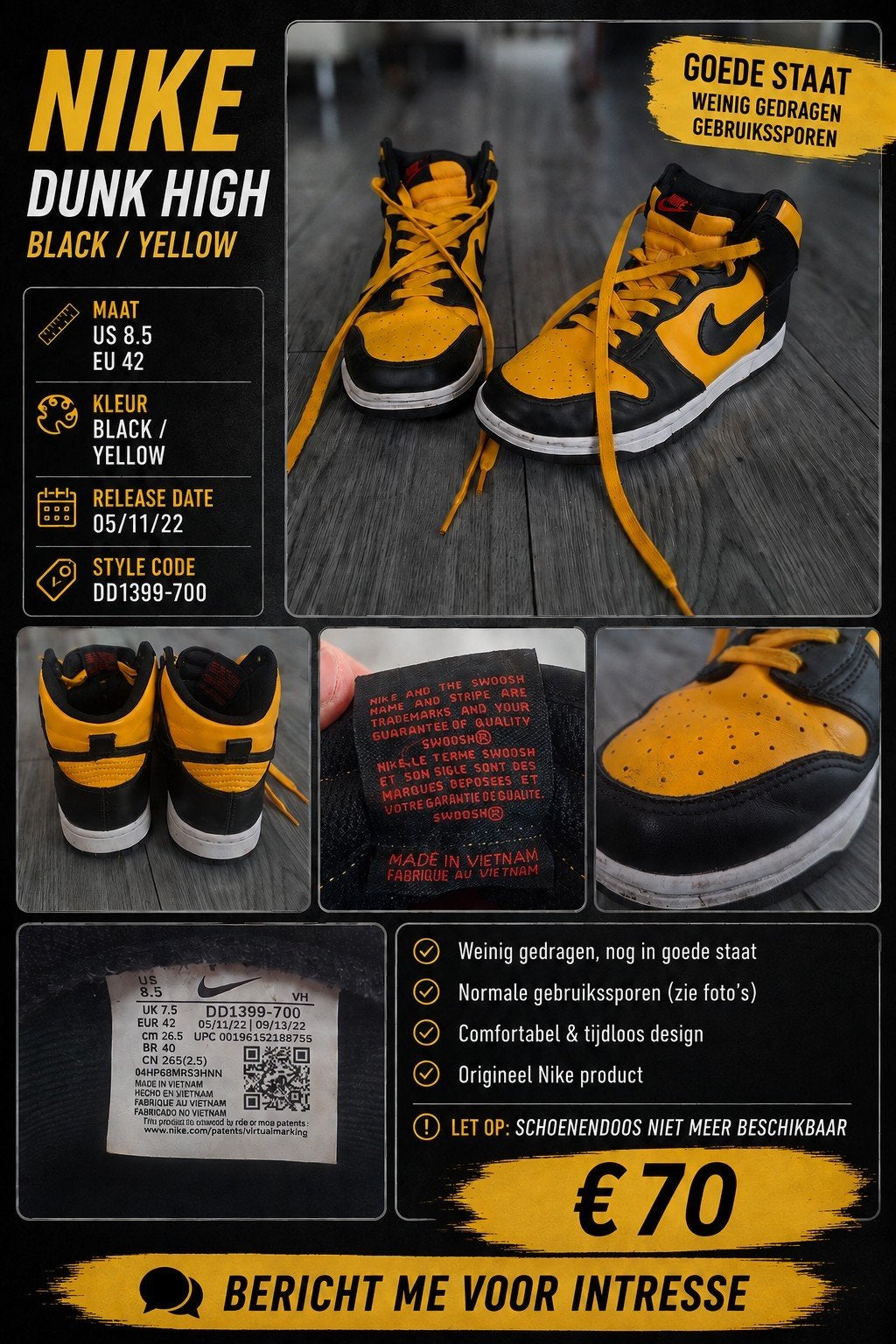 Nike Dunk High Black/Yellow - Maat 42, Ophalen, Overige kleuren, Nike, Sneakers of Gympen