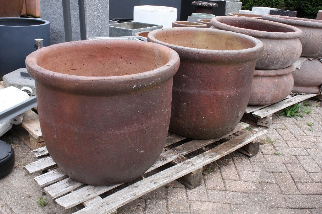 Robuuste donkerbruine bloempotten aardewerk terras 4 maten, Ophalen, 40 cm of meer, Rond, Nieuw