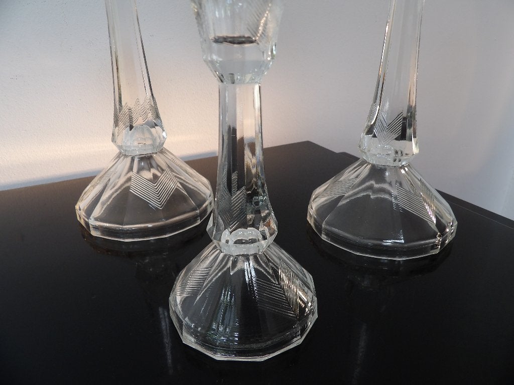 Set van 3 Art Deco Kandelaars, Boheems Kristalglas, Ophalen of Verzenden, Glas