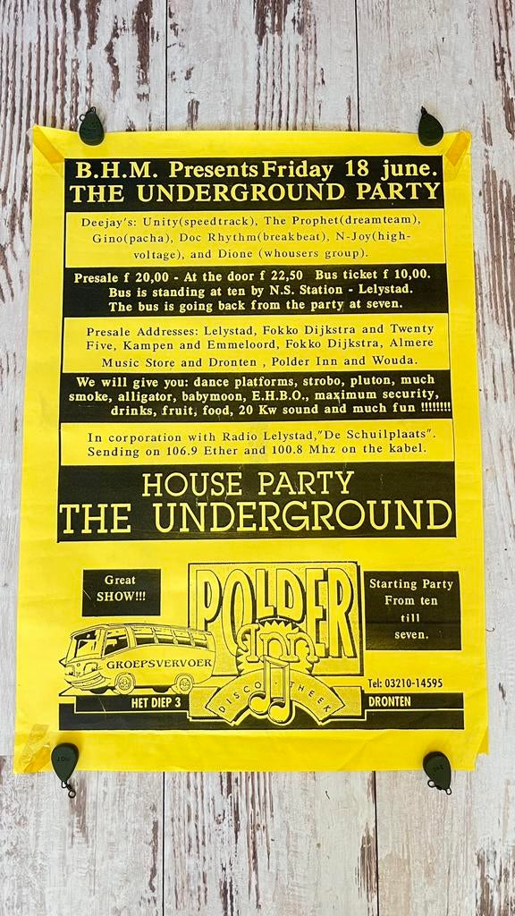 1993 The Underground Party Dronten gabber Thunderdome, Verzamelen, Posters, Ophalen of Verzenden, Zo goed als nieuw, A1 t/m A3