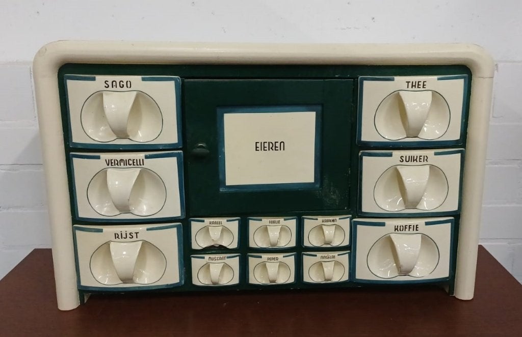 Antiek / vintage kruidenkast met keramische laatjes, Ophalen of Verzenden