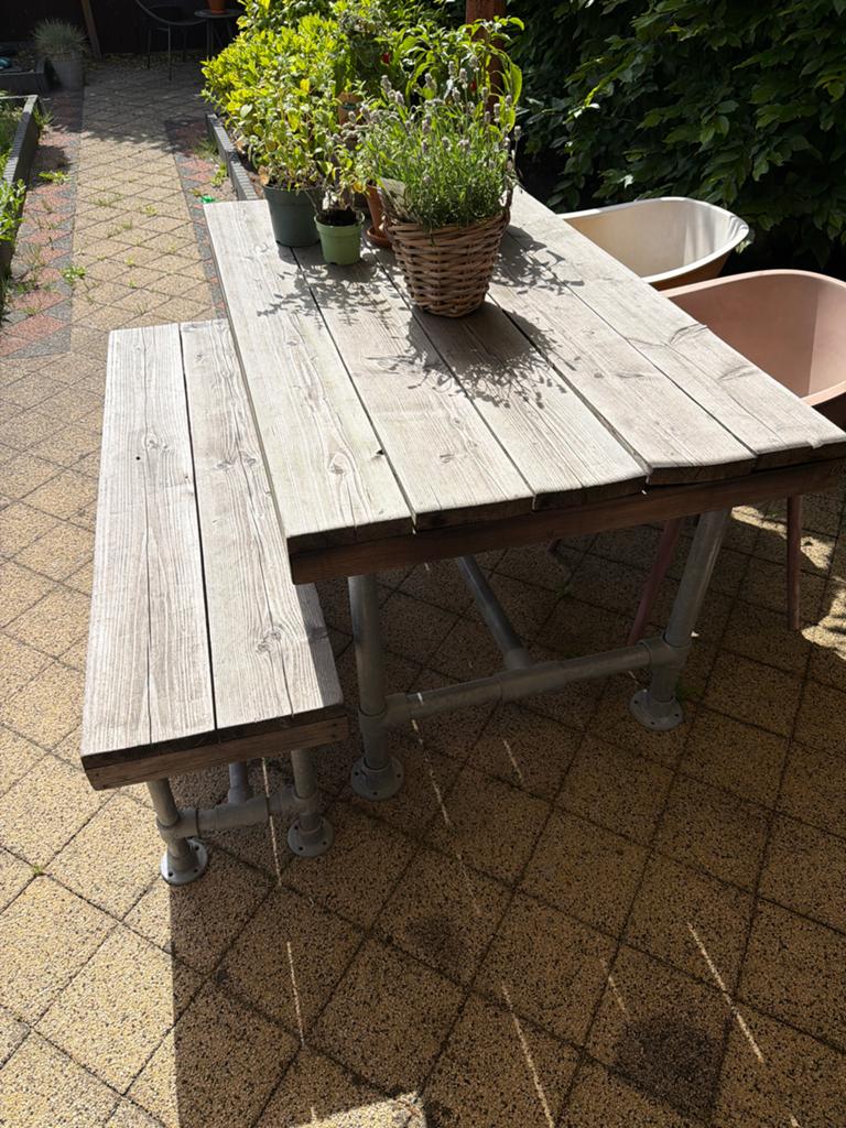 Jorg steigerhouten tafel met bank en lage tafel, Tuin en Terras, Tuintafels, Gebruikt, Rechthoekig, Hout, Ophalen