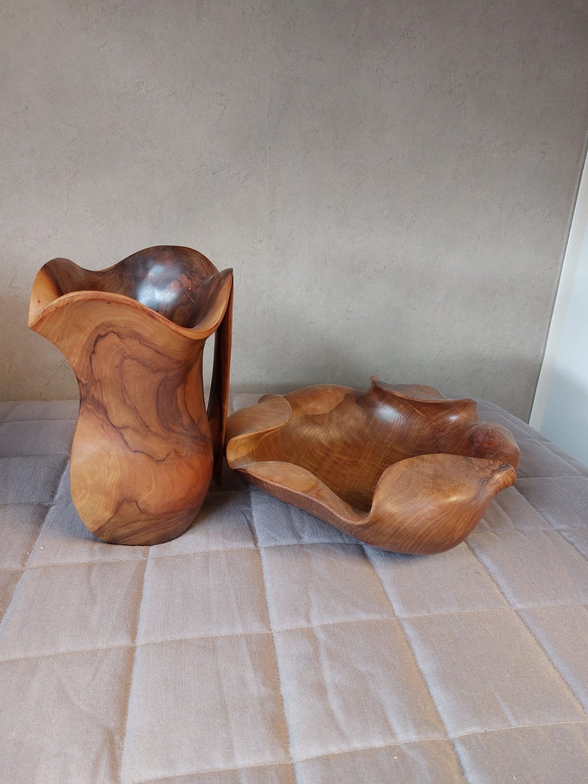Houten kan en schaal van olijfhout - Falcon Spain, Antiek en Kunst, Ophalen