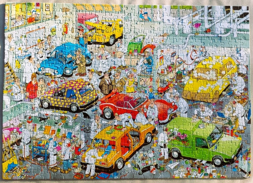In de autospuiterij - Puzzel Jan v Haasteren - 500st - P137, Ophalen of Verzenden, 500 t/m 1500 stukjes, Gebruikt, Legpuzzel