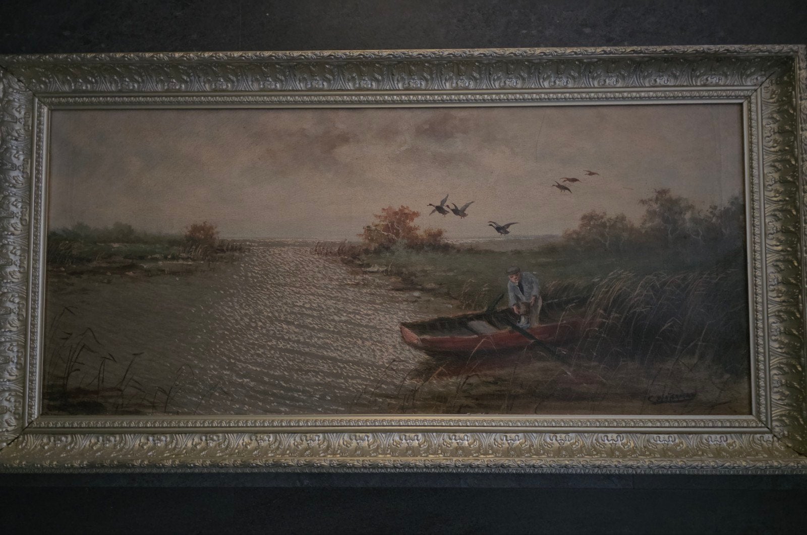 Schilderij Waterlandschap met man boot opvliegende ganzen, Ophalen of Verzenden