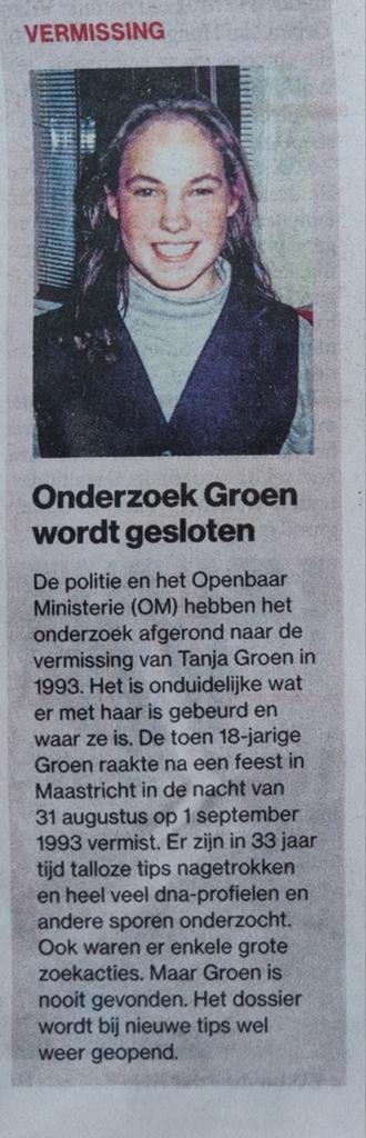 Onderzoek Tanja Groen wordt gesloten.  Krantenartikel knipse, Ophalen of Verzenden, 1980 tot heden, Knipsel(s)