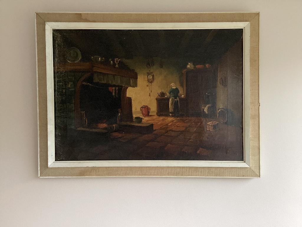 Olieverf op doek Larens Interieur van A. Muller -Anton, Antiek en Kunst, Kunst | Schilderijen | Klassiek, Ophalen of Verzenden