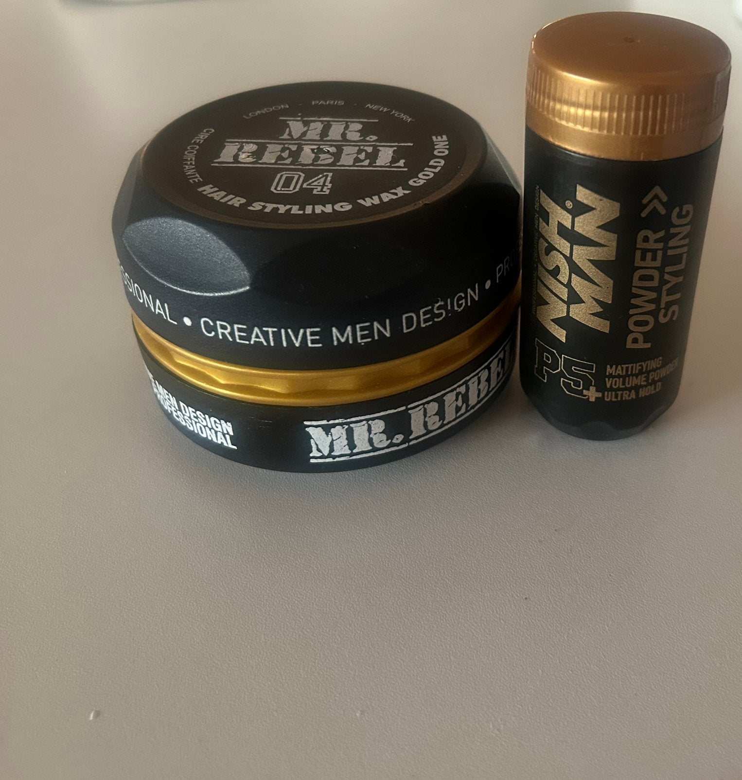 Nish Man Hair Styling Set Powder P5 Ultra Hold Wax Gold One, Ophalen of Verzenden, Nieuw, Gel, Wax, Haarlak of Mousse