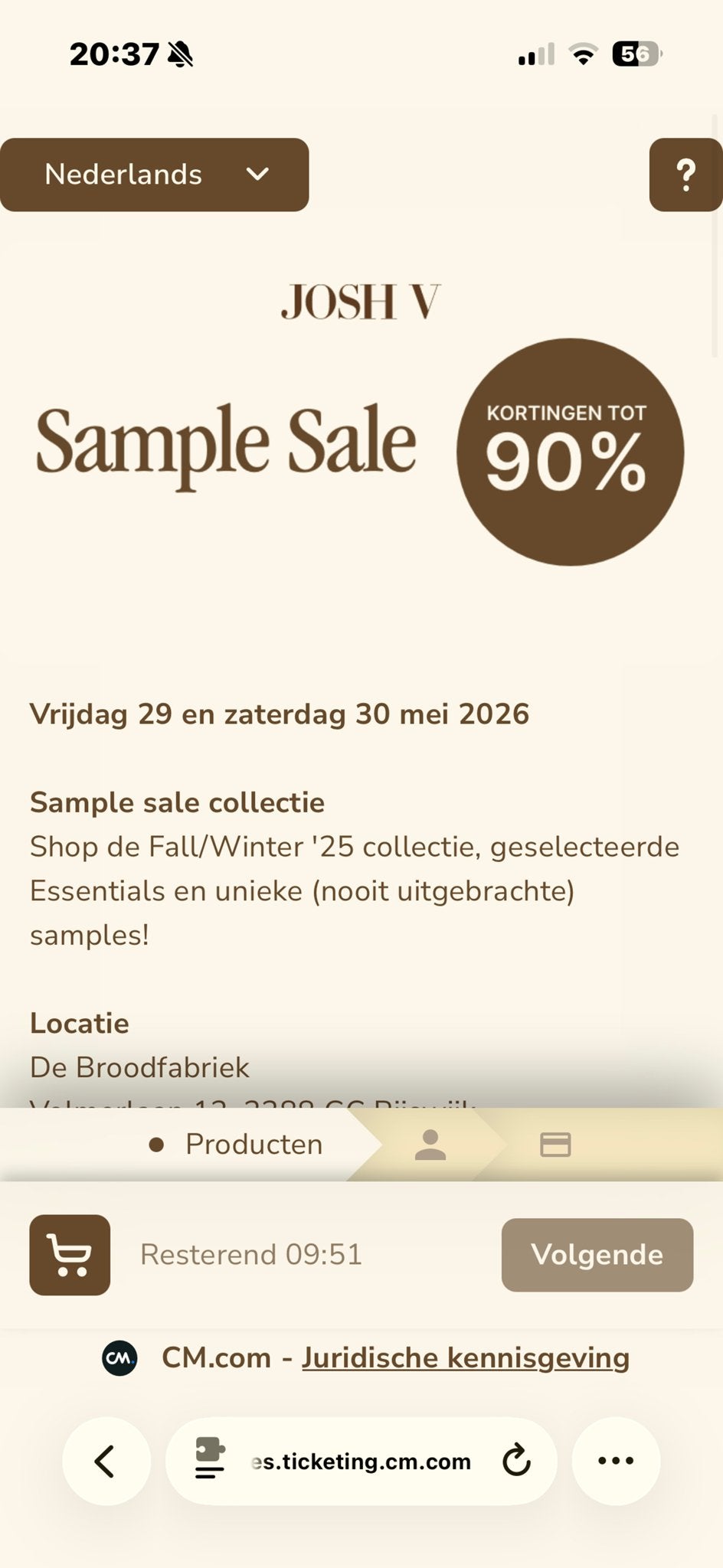 JOSH V SAMPLE SALE KAARTJE vrijdag 29 mei van 1500 tot 1700, Eén persoon