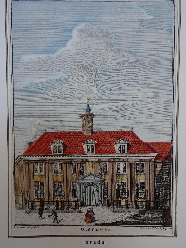 Gravure handgekleurd Gasthuis in Breda BF Immink, 18e eeuw, Antiek en Kunst, Verzenden, Architectuur, Gravure, 1700 - 1799