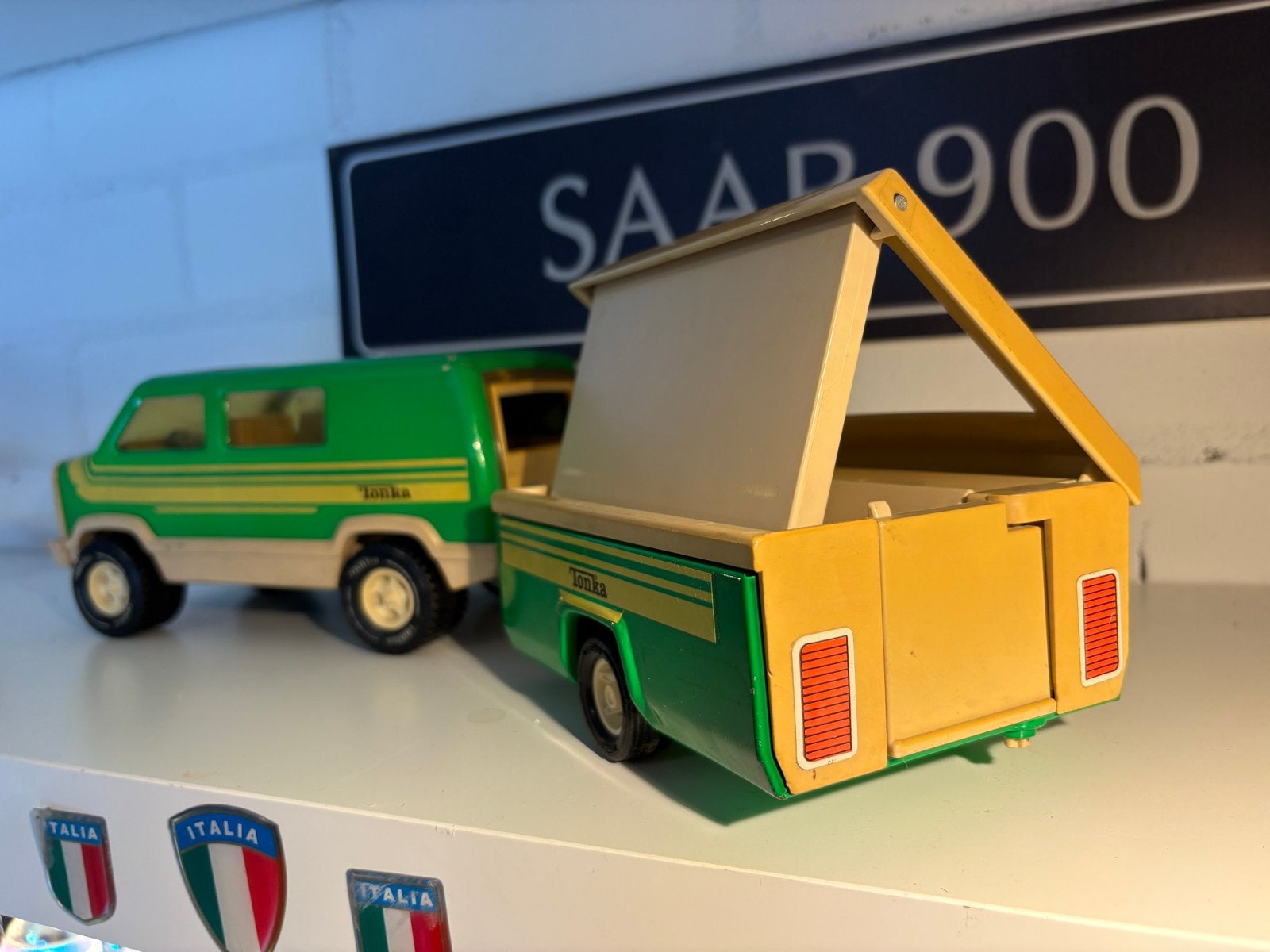 Vintage Tonka Van met Caravan - Groen/Beige Speelgoed, Ophalen of Verzenden, Gebruikt