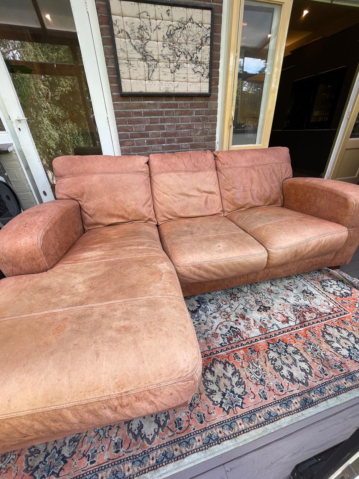 Echte leren hoekbank cognac – topkwaliteit, Ophalen, Gebruikt, 100 tot 125 cm, Hoekbank