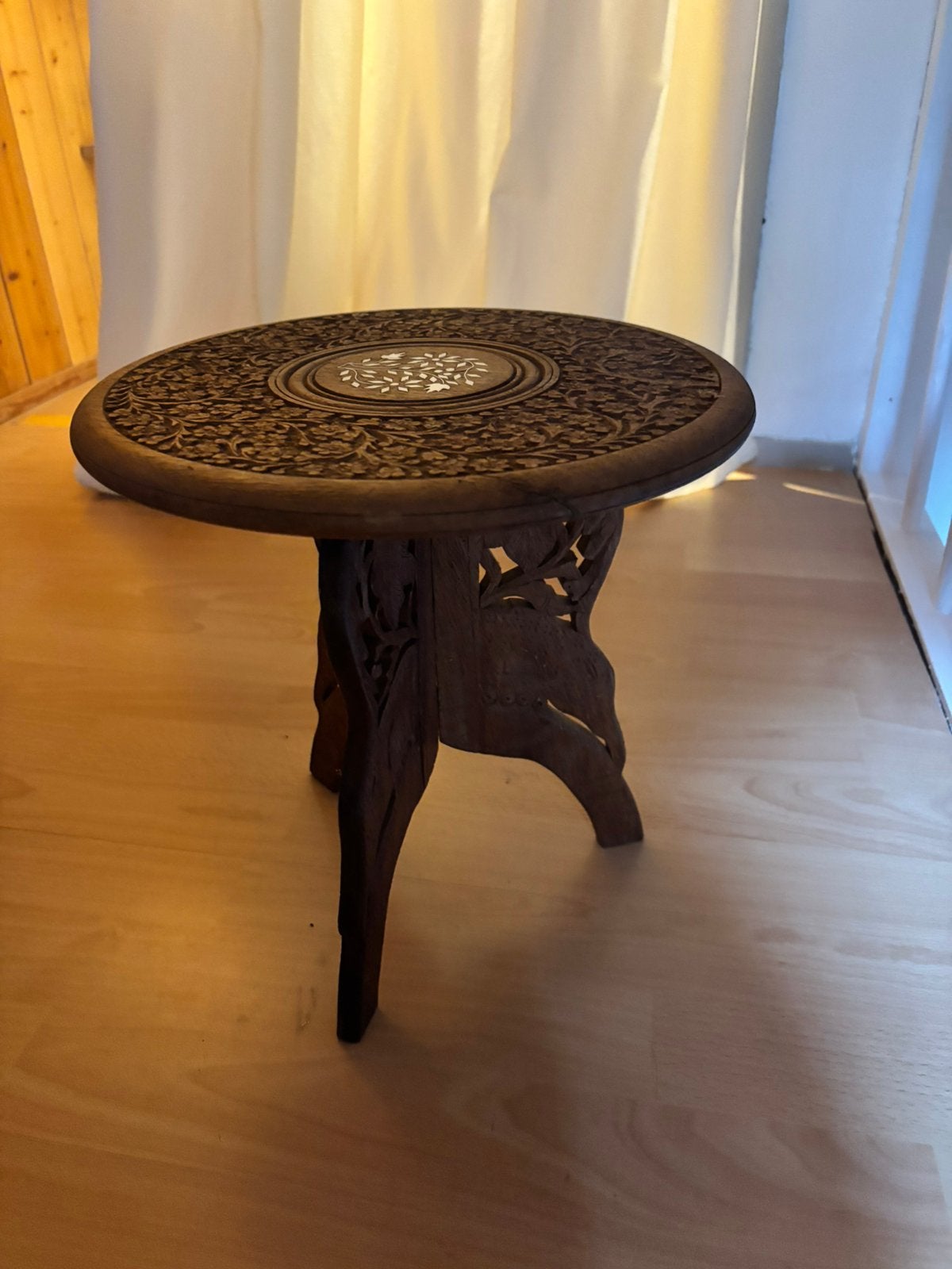 Oosterse Bijzettafel van Massief Hout Ø 31cm, Hoogte 33cm, Ophalen, Minder dan 55 cm, Rond, Zo goed als nieuw