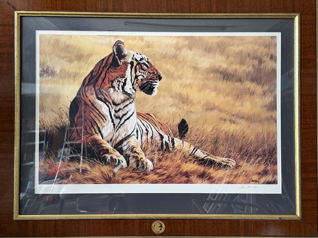 kunstwerk Jim Dawson gouden tijger in landschap gesigneerd, Ophalen