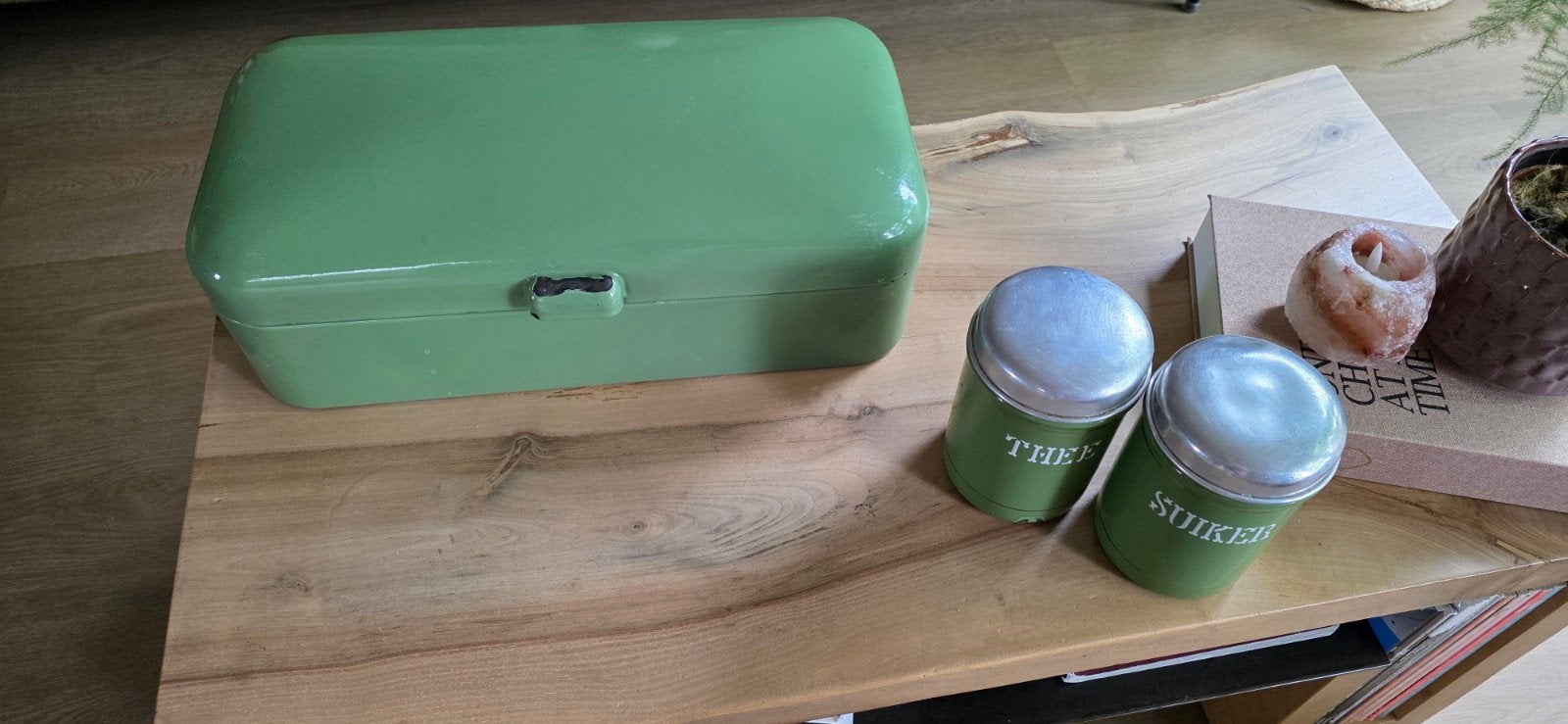 Vintage Broodtrommel en Voorraadpotten Set - Groen Emaille, Ophalen of Verzenden