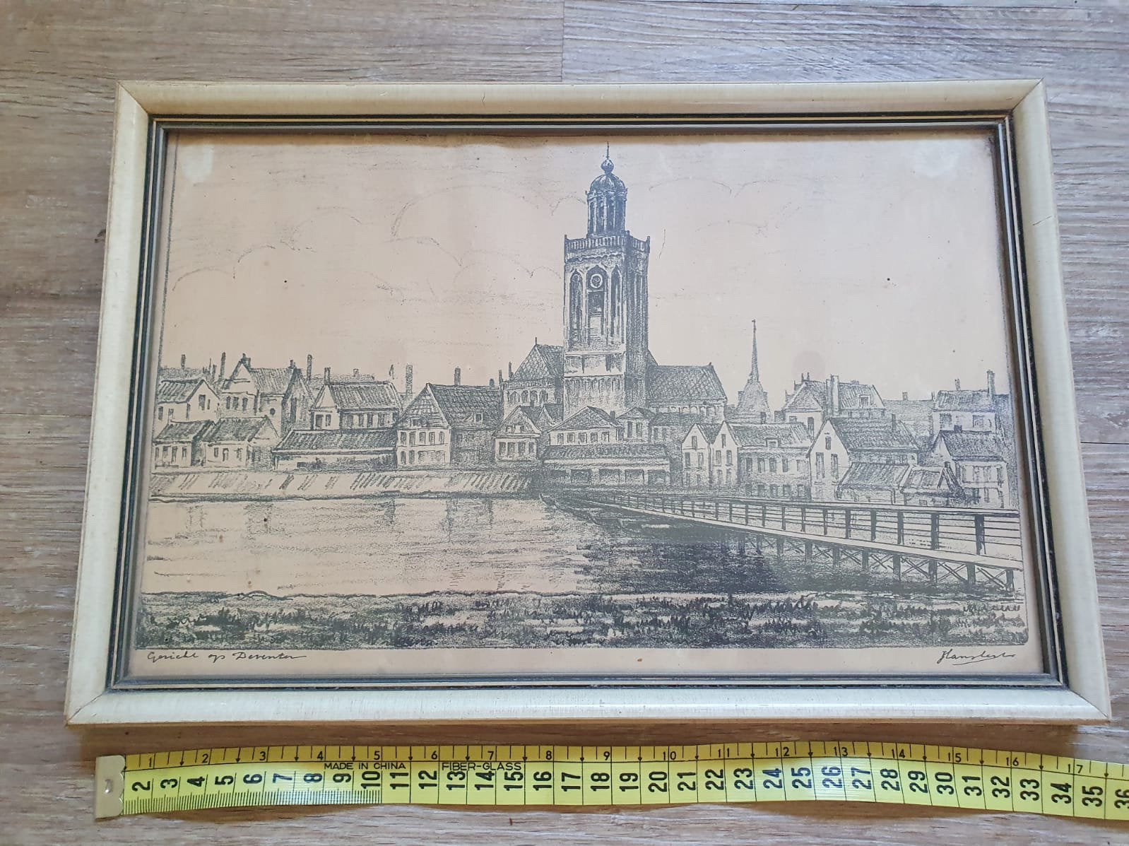 Oude ets van Deventer, gesigneerd 'Hansele', Antiek en Kunst, Kunst | Etsen en Gravures, Ophalen, Ets, Stadsgezicht, Gesigneerd