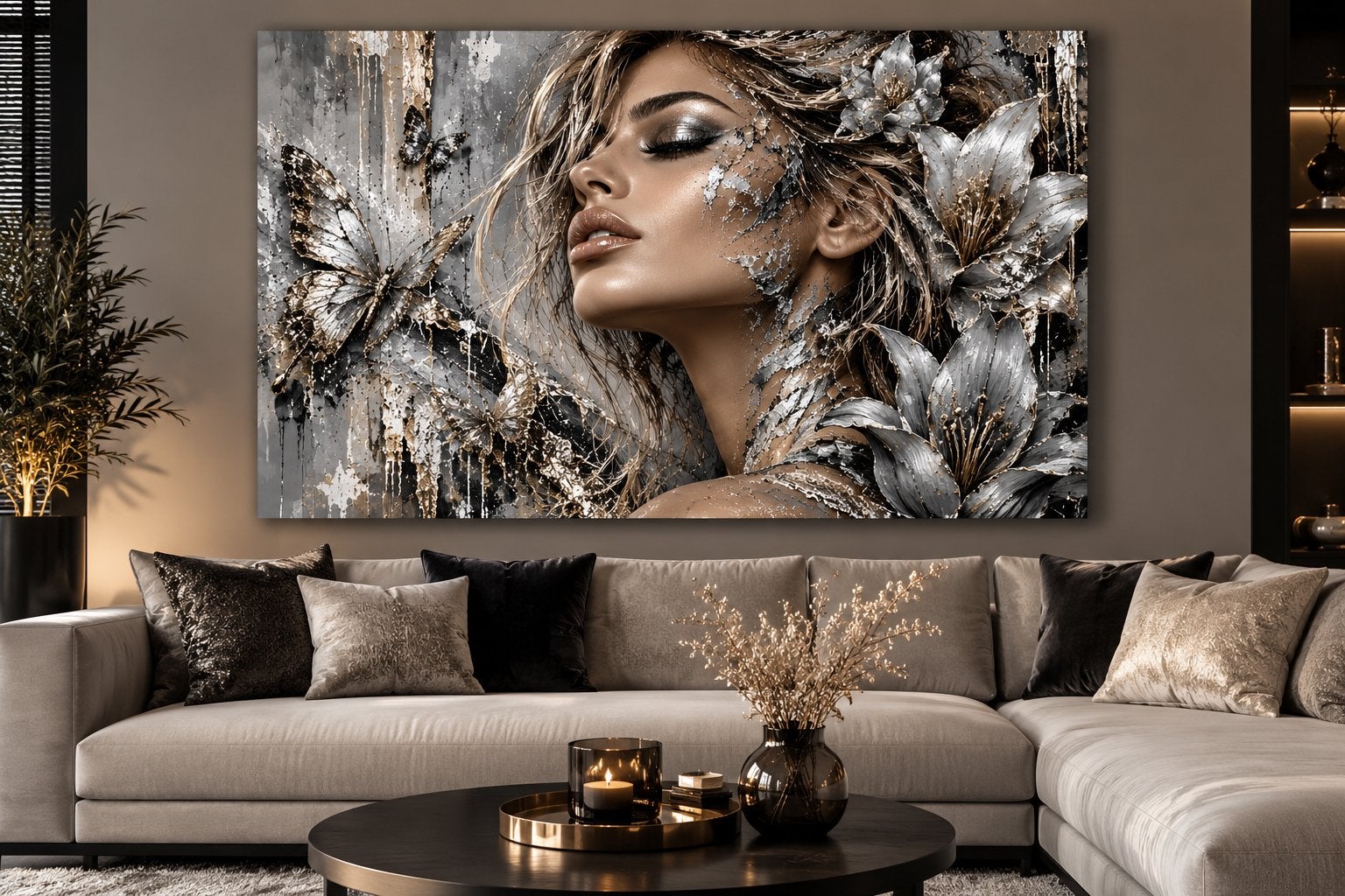 Schilderij Vrouw met Vlinders en Bloemen 120x80cm Nieuw, Nieuw, Ophalen of Verzenden, Schilderij, 100 tot 125 cm