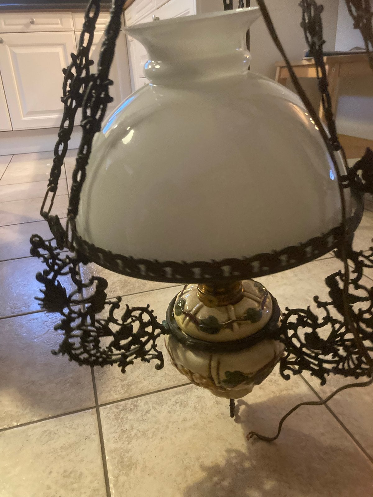 Antieke olielamp hanglamp met porselein en metaal, Antiek en Kunst, Ophalen
