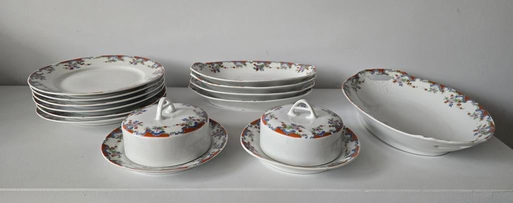 Antiek vintage ontbijtservies met bloemmotief, Ophalen of Verzenden