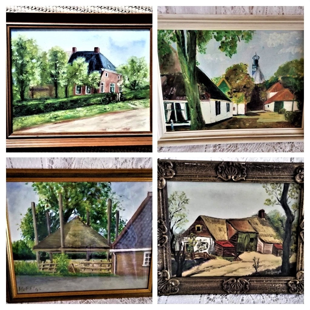 Klassiek schilderij boerderij dorp gesigneerd schilderijen, Antiek en Kunst, Kunst | Schilderijen | Klassiek, Acrylverf, Doek