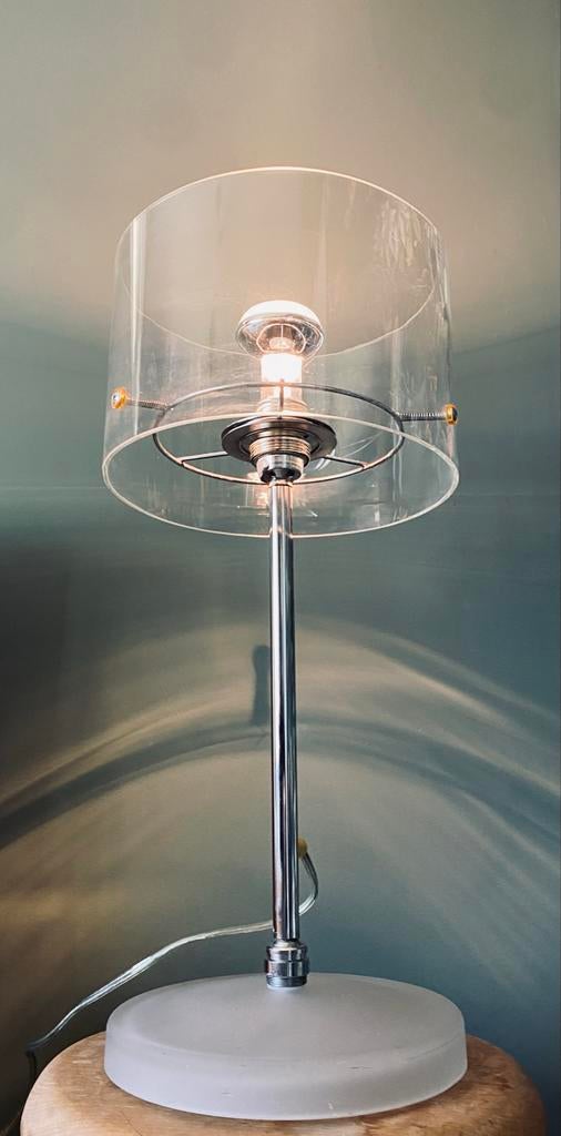 Zeldzame 80s Glazen Tafellamp - Pola Design Amsterdam, Gebruikt, 50 tot 75 cm, Glas, Postmodern design