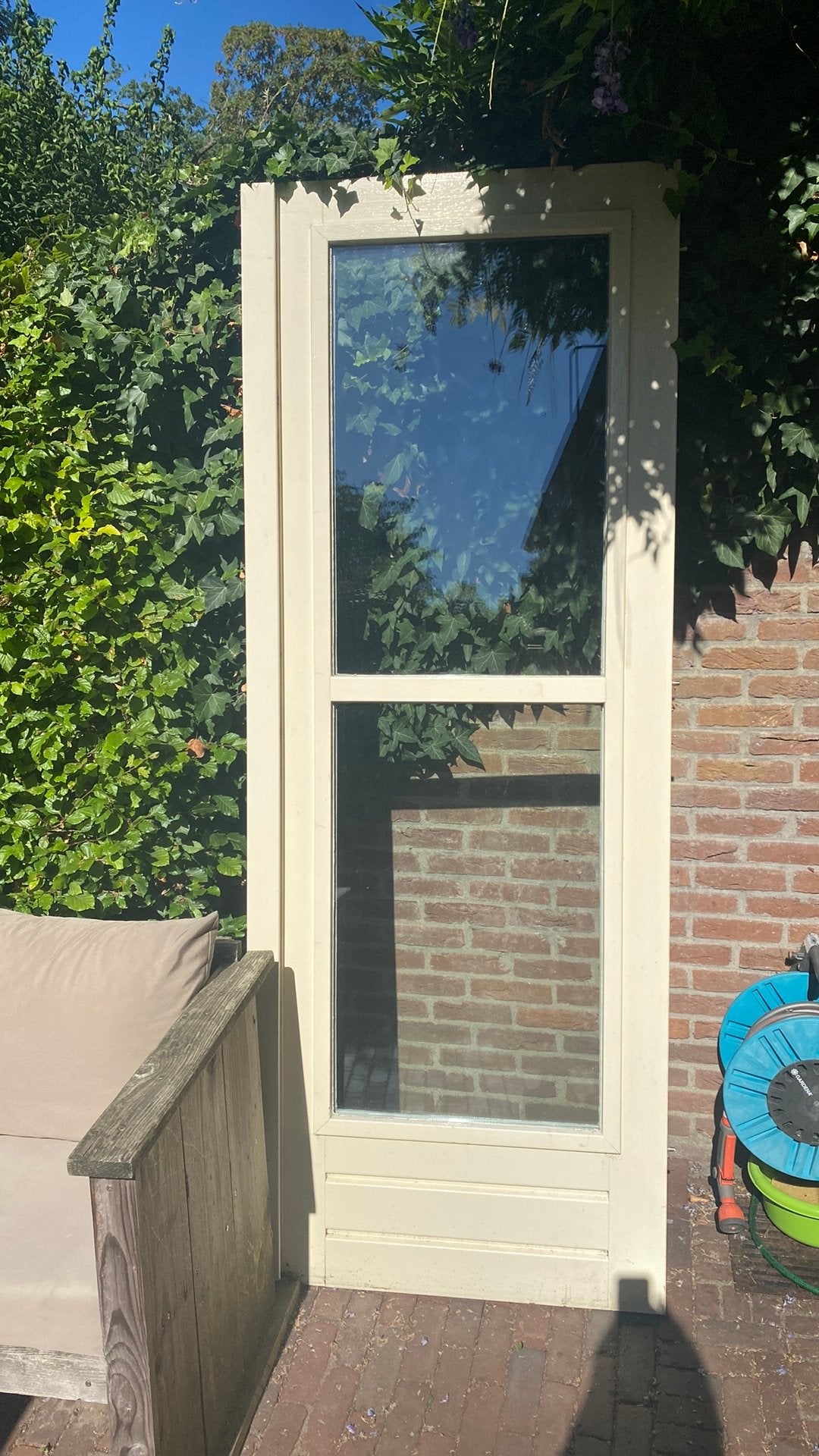 Buitendeur (hardhout) met glas, Ophalen, 200 tot 215 cm, Glas, Buitendeur