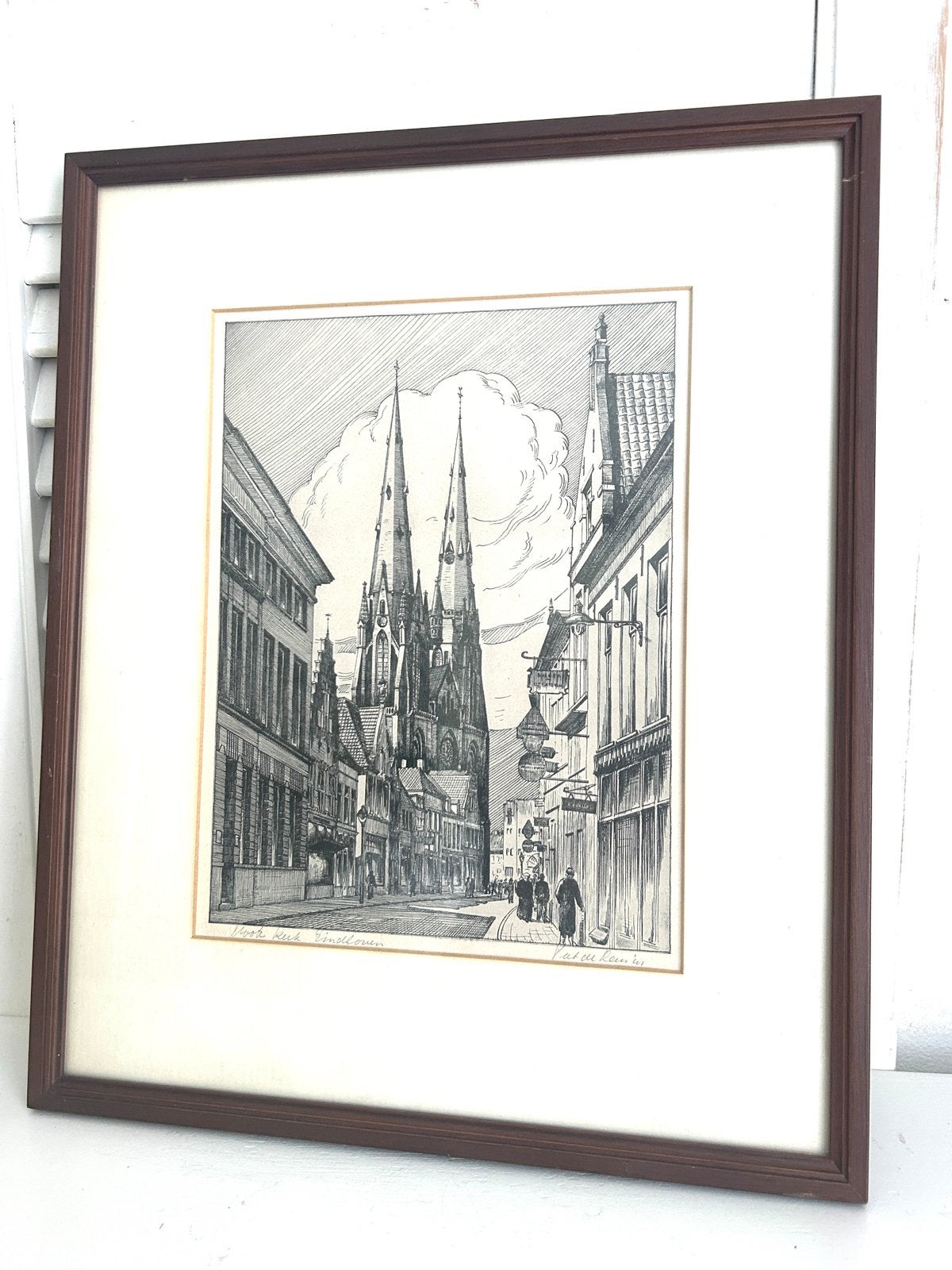 Vintage ets schilderij Grote Kerk Eindhoven St Catharina, Ophalen, Gesigneerd