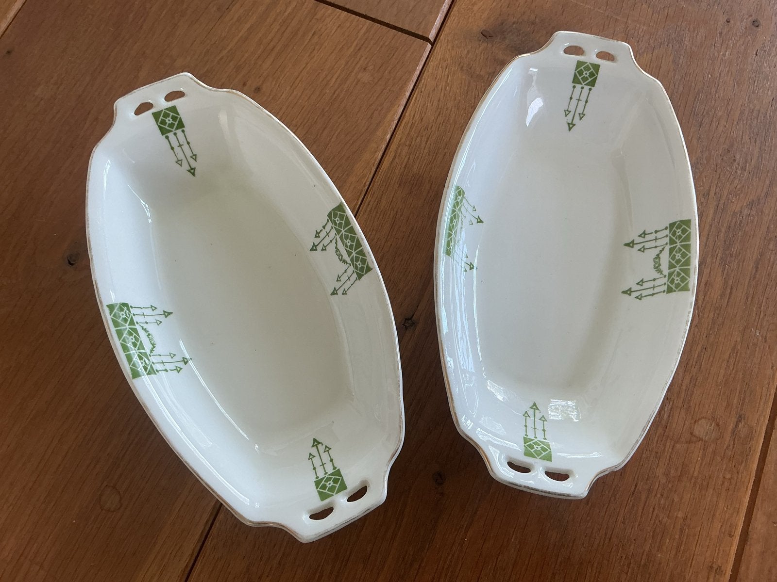 2 Art Deco keramieken serveerschaaltjes, groen patroon, Ophalen of Verzenden