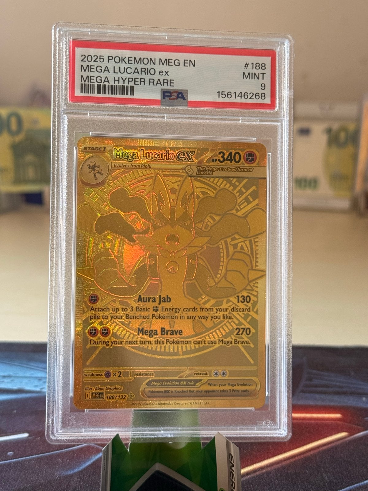 Mega Lucario 188 PSA 9 MINT Pokémon kaart, Ophalen of Verzenden, Zo goed als nieuw, Losse kaart