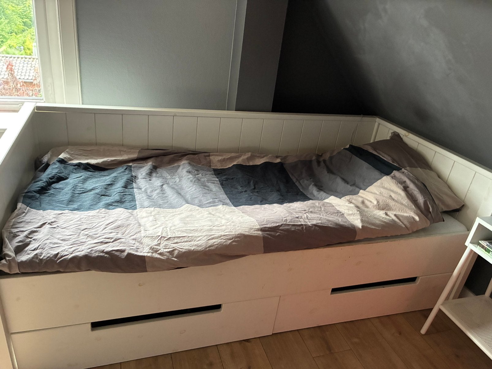 Wit grenen bedbank. Afmeting 200 x 90, Huis en Inrichting, Ophalen, Gebruikt, 90 cm, Eenpersoons