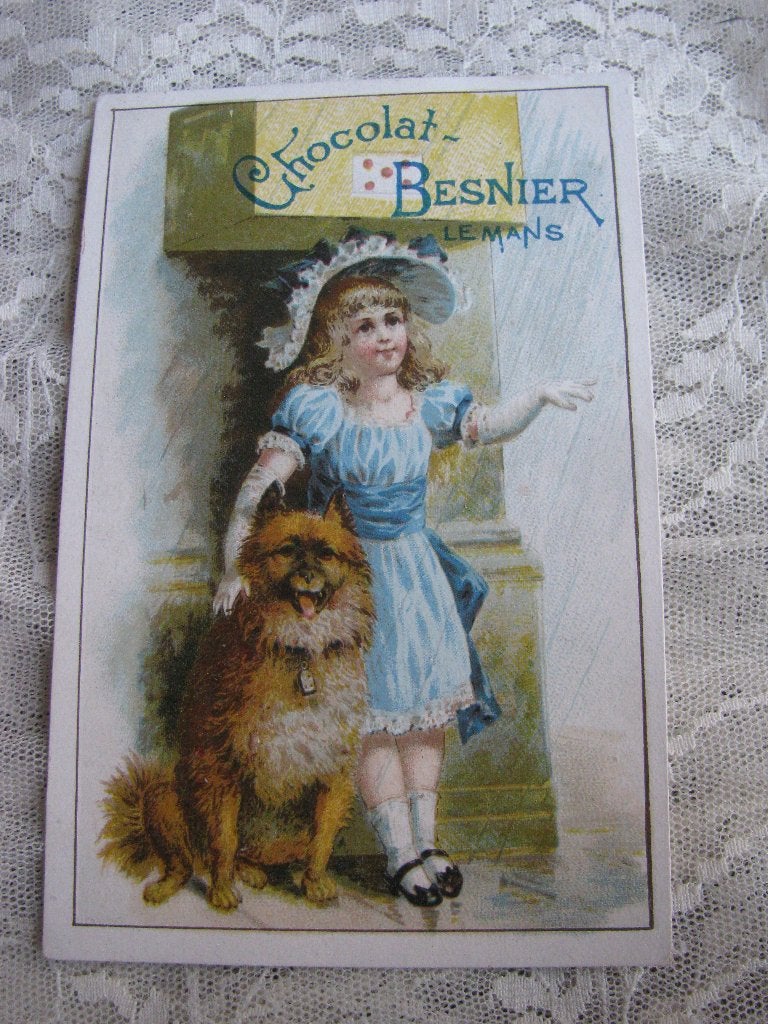 Antiek Frans Reclame Kaartje - Chocolat Besnier  Meisje Hond, Verzamelen, Merken en Reclamevoorwerpen, Verzenden, Gebruikt, Overige typen