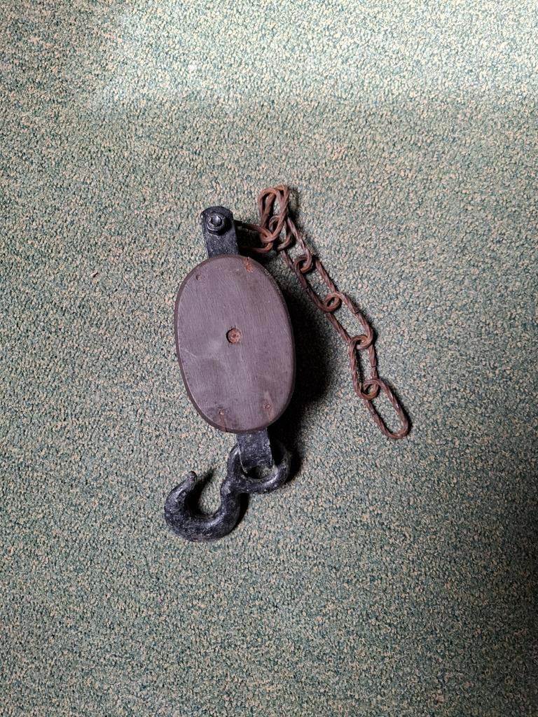 Vintage hijsblok met ketting - Decoratief of functioneel, Ophalen of Verzenden, Gebruikt, Handmatig
