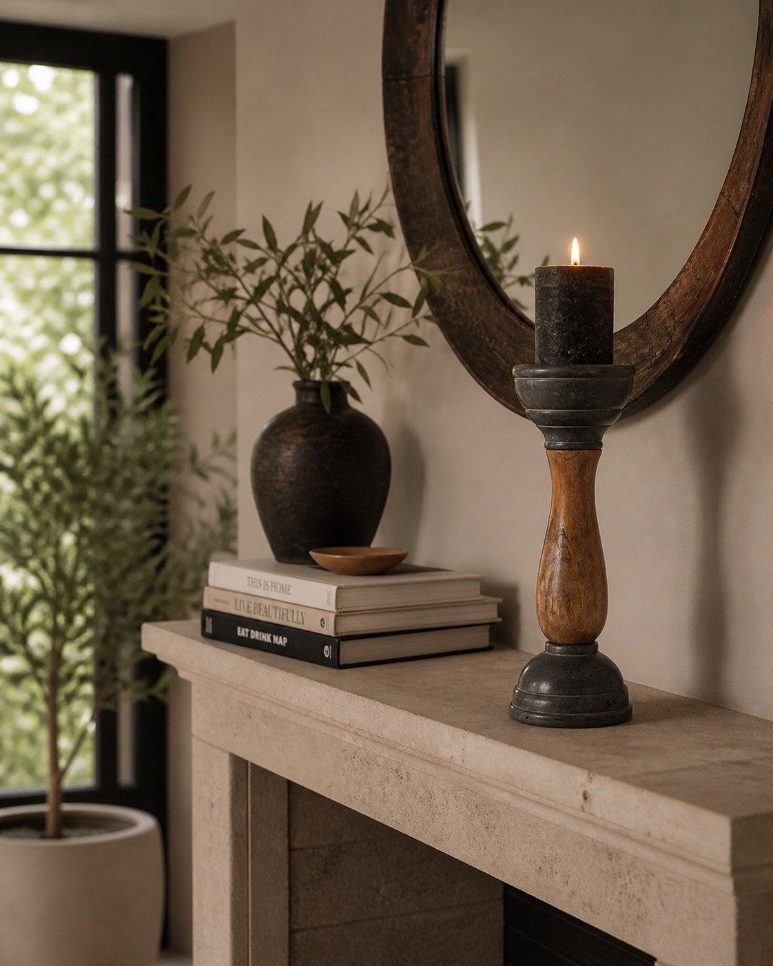 Robuuste, stoere kandelaar van hout en donker grijs steen, Huis en Inrichting, Woonaccessoires | Kandelaars en Kaarsen, Ophalen