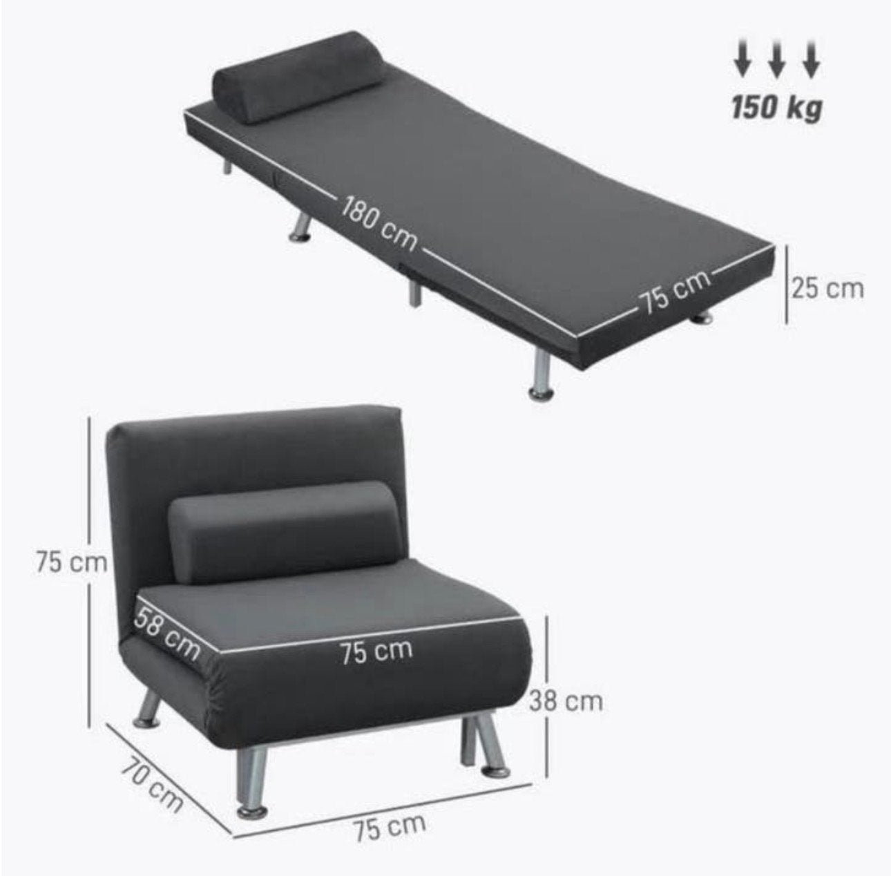 HOMCOM Opklapbare stoel met bedfunctie, donkergrijs NIEUW, Nieuw, Grijs, Eenpersoons, 70 cm of minder