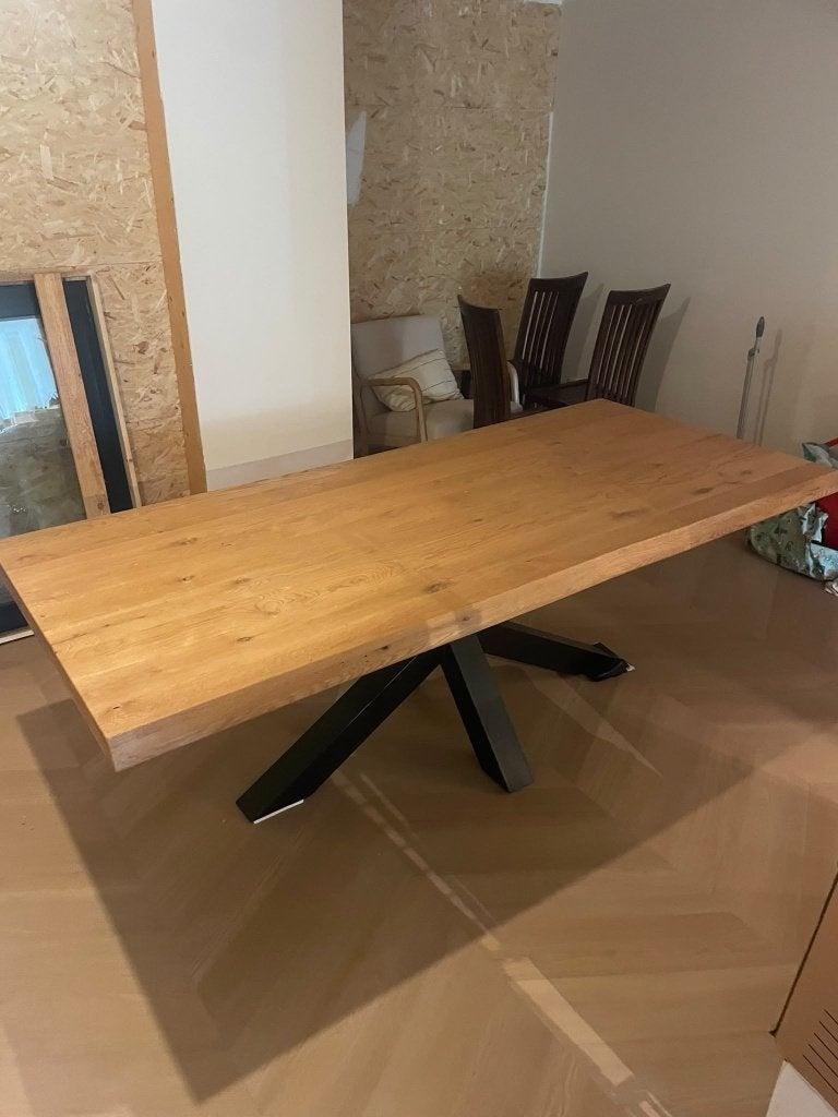 Houten eettafel met stalen poot (220x100cm), Ophalen, 200 cm of meer, 50 tot 100 cm, Zo goed als nieuw