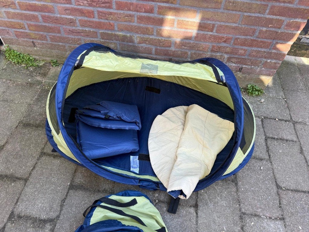 Deryan pop-up reisbedje blauw/groen – met draagtas, Ophalen, Gebruikt, Reisbedje