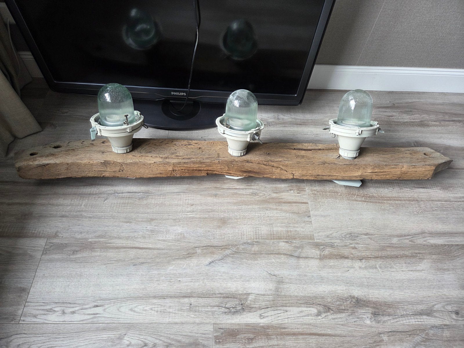ndustriële hanglamp op oude bint - Uniek handgemaakt, Ophalen, Gebruikt, Overige fittingen, Glas