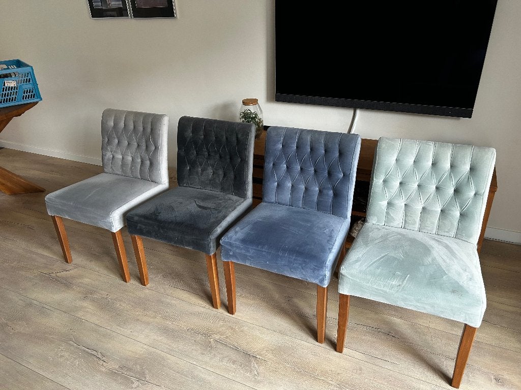 4 Eetkamerstoelen | Velours | Massief Teakhouten Poten, Ophalen, Grijs, Stof, Vijf, Zes of meer stoelen