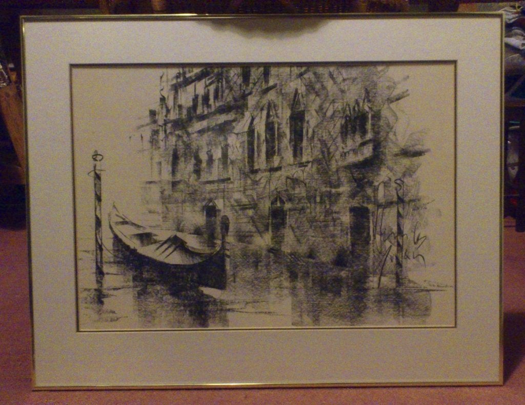 Vintage Gesigneerde houtskooltekening Venetië met gondel, Ophalen, Gebruikt, Schilderij, 83 cm