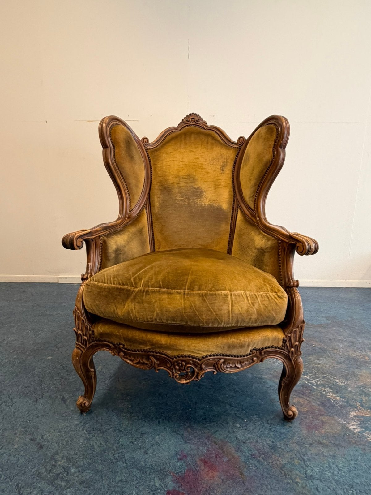 Stoel fauteuil hout velours groen oker geel bruin, Ophalen