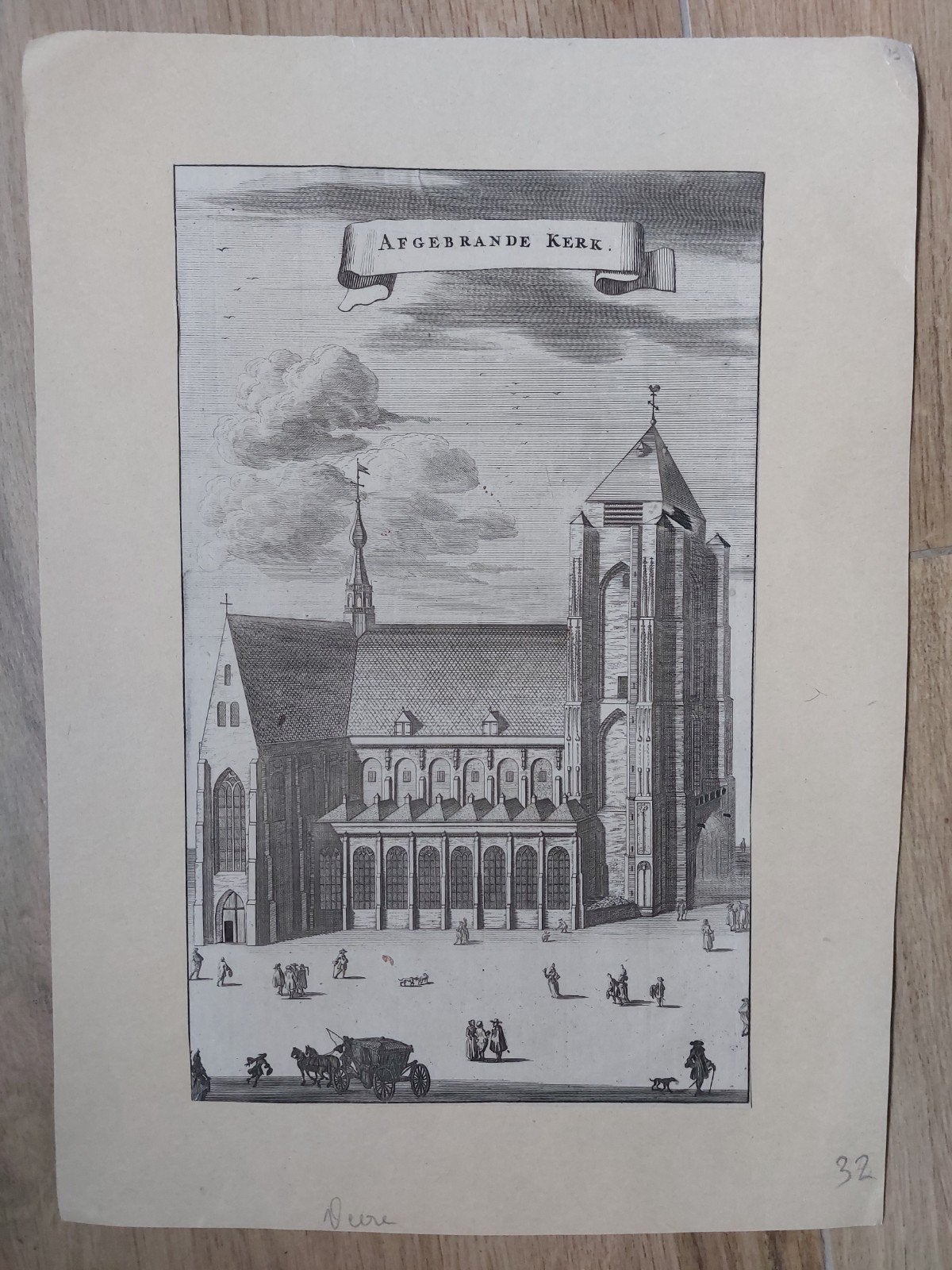 43 Afgebrande kerk Veere Zeeland Orginele gravure uit 1696, Stadsgezicht, 27 cm, Gravure, 1600 - 1699