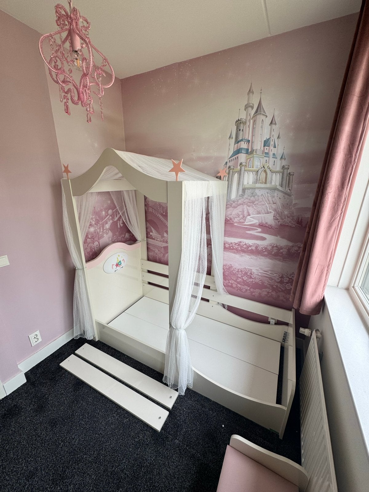 Prinsessenbed met hemel zonder matras en lattenbodem, Ophalen, 70 tot 85 cm, Zo goed als nieuw, Lattenbodem