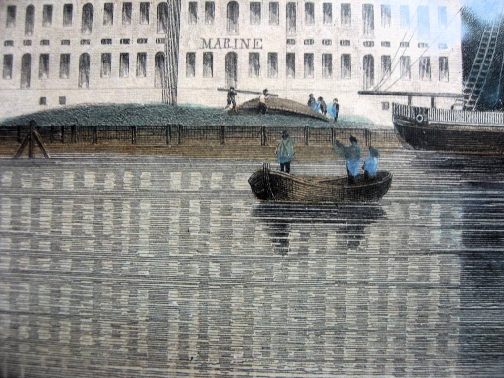 Kleuren gravure Zeemagazijn/Scheepvaartmuseum Amsterdam, Stadsgezicht, Ophalen of Verzenden, Handgekleurd, 23 cm