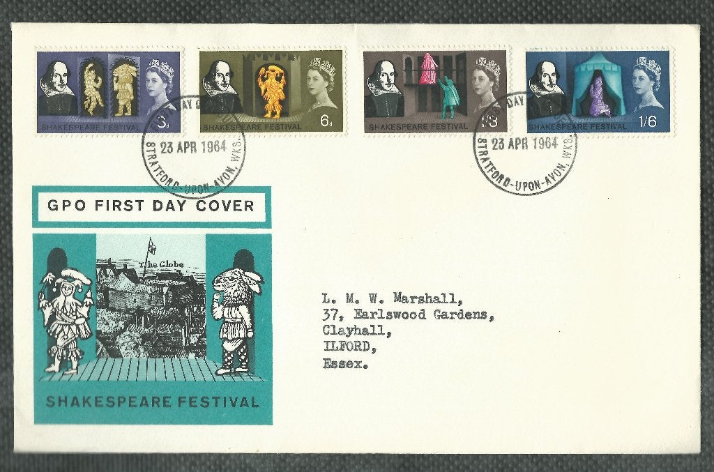 ENGELAND 1964 Shakespeare (Fosfor) op FDC., Postzegels en Munten, Verzenden, Gestempeld