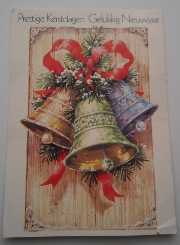 Oude Kerstkaart met kerstklokken uit 1988, Ophalen of Verzenden, 1980 tot heden, Gelopen, Feest(dag)