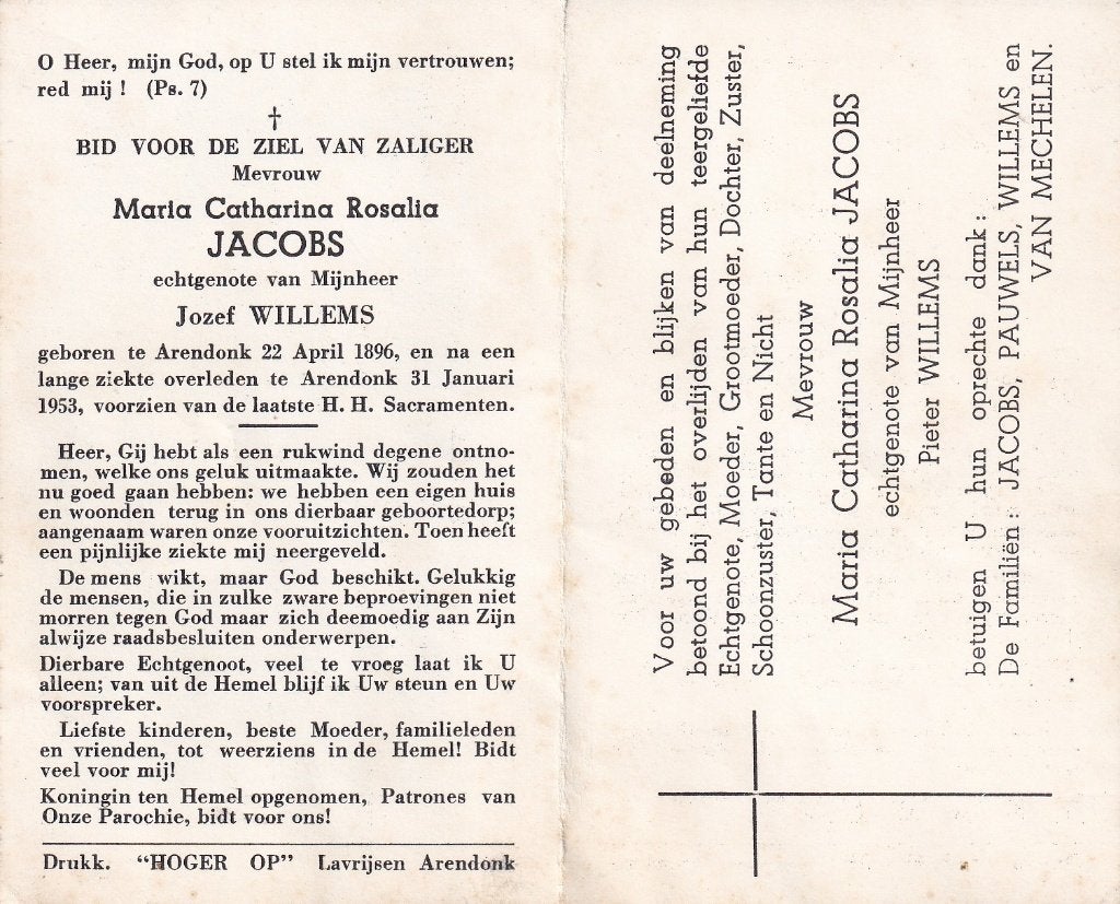 Jacobs Maria 1896 Arendonk 1953, Ophalen of Verzenden, Bidprentje