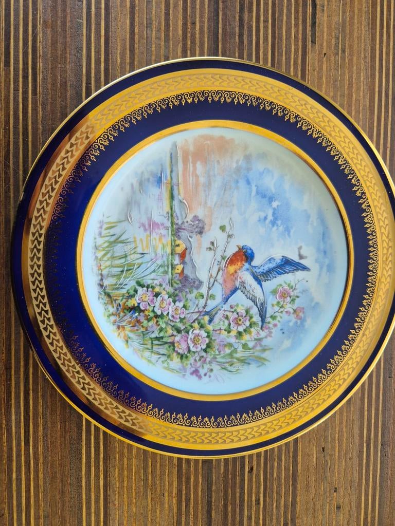 Set van 3 handbeschilderde Limoges borden met vogelmotieven, Ophalen of Verzenden