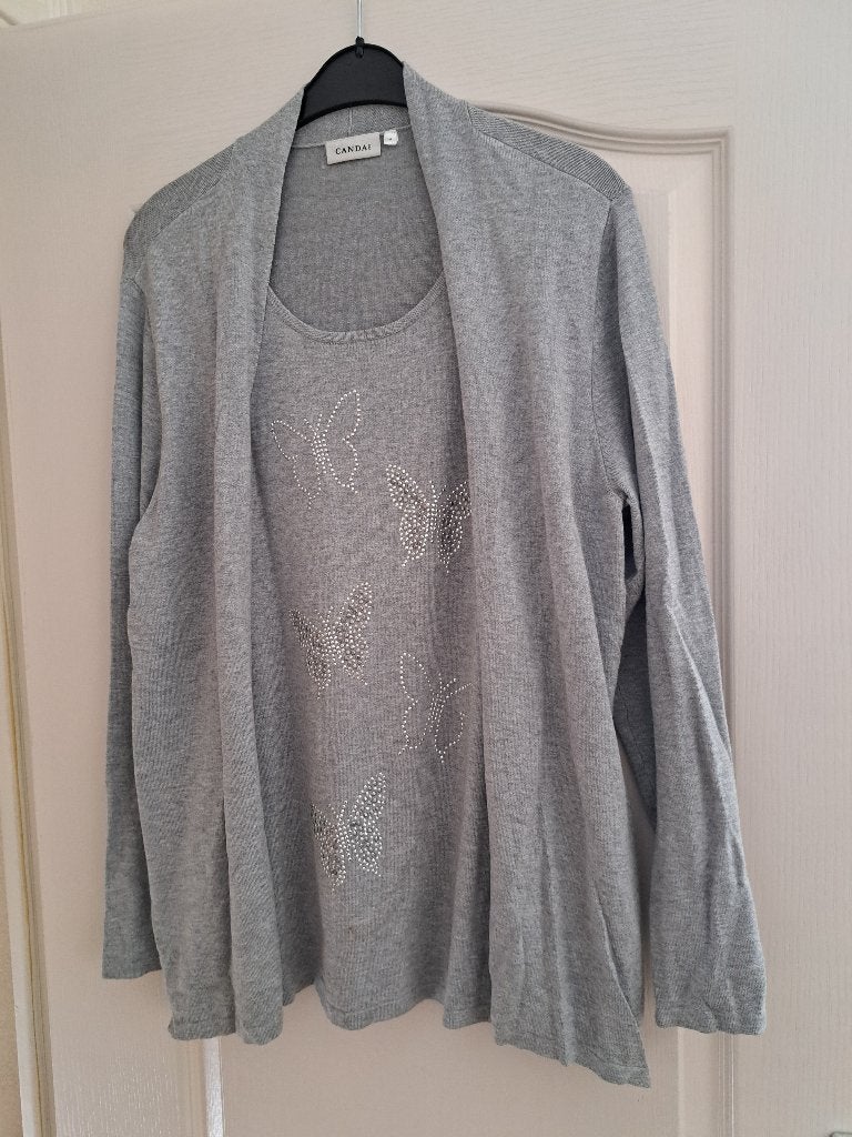 Dames 2-delig vest/shirt grijs zilveren vlinders 38/40 M, Maat 38/40 (M), Ophalen of Verzenden, Zo goed als nieuw, Grijs